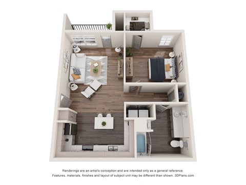 a stylized 3d floor plan with a bedroom and a living room
